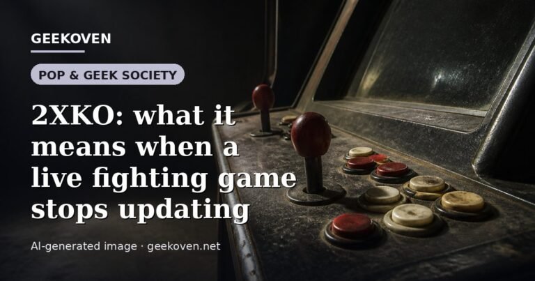 Illustration for the Pop & Geek Society article “2XKO: what it means when a live fighting game stops updating”: an AI-generated editorial illustration showing a studio workspace seen from above, with a production timeline across the wall, with the headline set over it. Illustrative only, not a photograph of a real event.