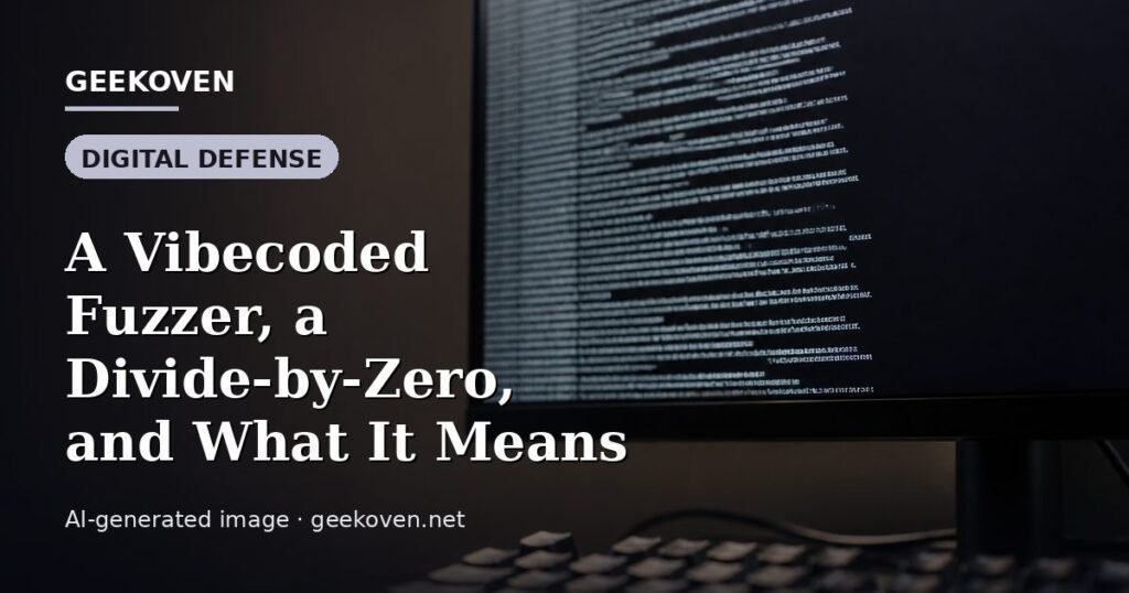 Illustration for the Digital Defense article “A Vibecoded Fuzzer, a Divide-by-Zero, and What It Means”: an AI-generated editorial illustration showing a scene illustrating the subject of the article, with the headline set over it. Illustrative only, not a photograph of a real event.
