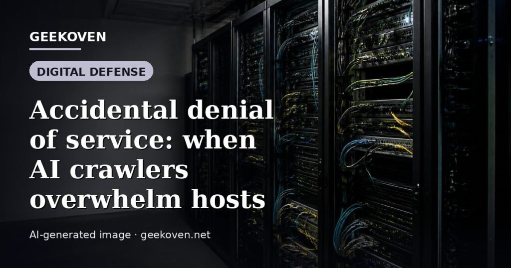 Illustration for the Digital Defense article “Accidental denial of service: when AI crawlers overwhelm hosts”: an AI-generated editorial illustration showing a scene illustrating the subject of the article, with the headline set over it. Illustrative only, not a photograph of a real event.