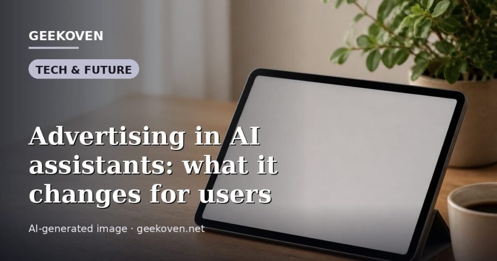 Illustration for the Tech & Future article “Advertising in AI assistants: what it changes for users”: an AI-generated editorial illustration showing a scene illustrating the subject of the article, with the headline set over it. Illustrative only, not a photograph of a real event.