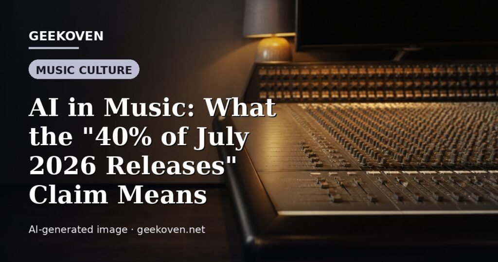 Illustration for the Music Culture article “AI in Music: What the "40% of July 2026 Releases" Claim Means”: an AI-generated editorial illustration showing a stadium crowd seen from high above, lights arranged in coordinated patterns, with the headline set over it. Illustrative only, not a photograph of a real event.