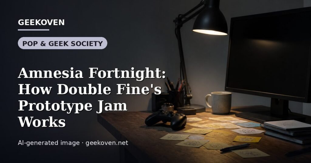 Illustration for the Pop & Geek Society article “Amnesia Fortnight: How Double Fine's Prototype Jam Works”: an AI-generated editorial illustration showing a studio workspace seen from above, with a production timeline across the wall, with the headline set over it. Illustrative only, not a photograph of a real event.