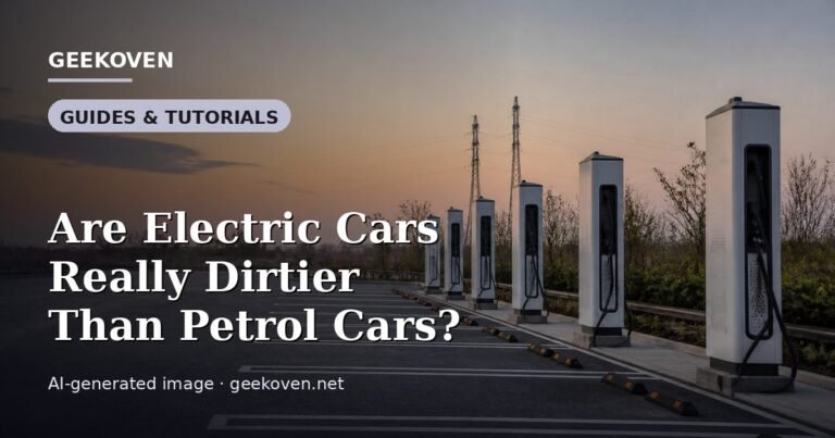 Illustration for the Guides & Tutorials article “Are Electric Cars Really Dirtier Than Petrol Cars?”: an AI-generated editorial illustration showing a scene illustrating the subject of the article, with the headline set over it. Illustrative only, not a photograph of a real event.