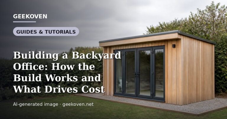 Illustration for the Guides & Tutorials article “Building a Backyard Office: How the Build Works and What Drives Cost”: an AI-generated editorial illustration showing a scene illustrating the subject of the article, with the headline set over it. Illustrative only, not a photograph of a real event.