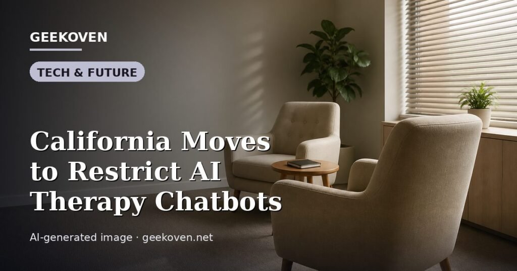 Illustration for the Tech & Future article “California Moves to Restrict AI Therapy Chatbots”: an AI-generated editorial illustration showing a scene illustrating the subject of the article, with the headline set over it. Illustrative only, not a photograph of a real event.