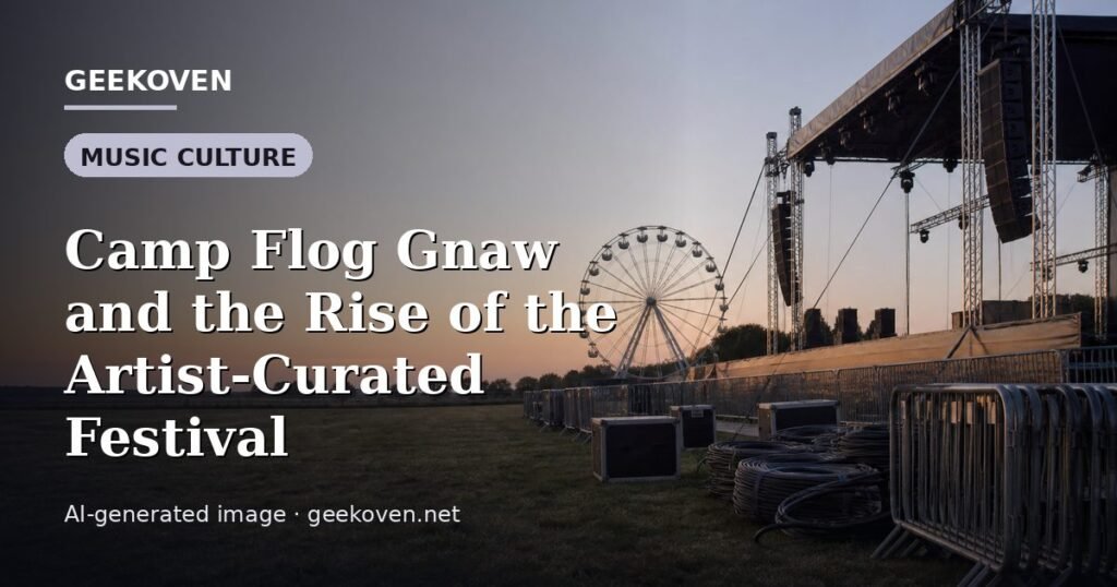 Illustration for the Music Culture article “Camp Flog Gnaw and the Rise of the Artist-Curated Festival”: an AI-generated editorial illustration showing a stadium crowd seen from high above, lights arranged in coordinated patterns, with the headline set over it. Illustrative only, not a photograph of a real event.