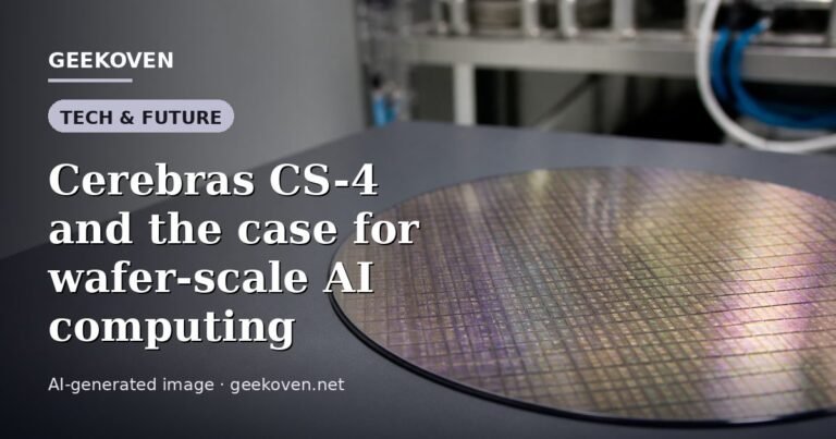 Illustration for the Tech & Future article “Cerebras CS-4 and the case for wafer-scale AI computing”: an AI-generated editorial illustration showing a server hall with long rows of equipment cabinets and power infrastructure, with the headline set over it. Illustrative only, not a photograph of a real event.