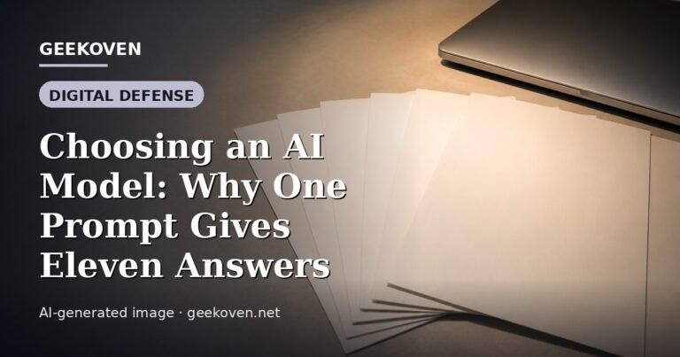 Illustration for the Digital Defense article “Choosing an AI Model: Why One Prompt Gives Eleven Answers”: an AI-generated editorial illustration showing a scene illustrating the subject of the article, with the headline set over it. Illustrative only, not a photograph of a real event.