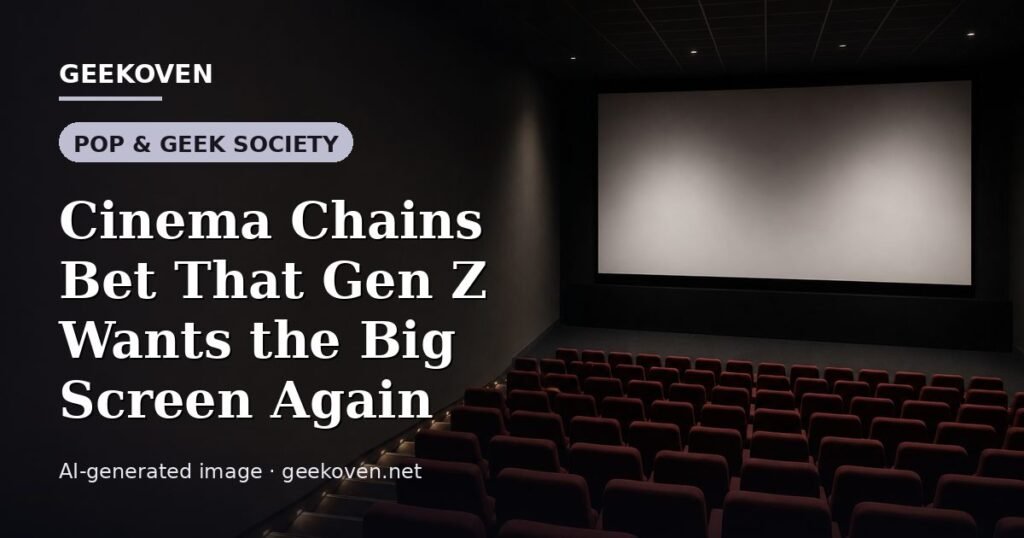 Illustration for the Pop & Geek Society article “Cinema Chains Bet That Gen Z Wants the Big Screen Again”: an AI-generated editorial illustration showing a stadium crowd seen from high above, lights arranged in coordinated patterns, with the headline set over it. Illustrative only, not a photograph of a real event.