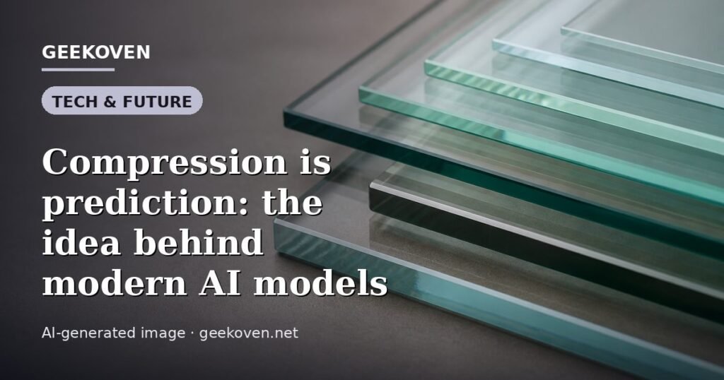 Illustration for the Tech & Future article “Compression is prediction: the idea behind modern AI models”: an AI-generated editorial illustration showing a scene illustrating the subject of the article, with the headline set over it. Illustrative only, not a photograph of a real event.