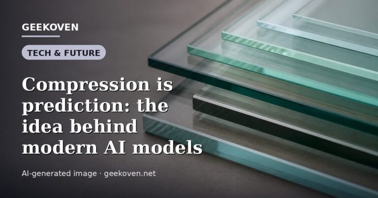 Illustration for the Tech & Future article “Compression is prediction: the idea behind modern AI models”: an AI-generated editorial illustration showing a scene illustrating the subject of the article, with the headline set over it. Illustrative only, not a photograph of a real event.