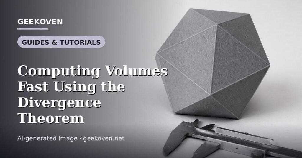 Illustration for the Guides & Tutorials article “Computing Volumes Fast Using the Divergence Theorem”: an AI-generated editorial illustration showing a scene illustrating the subject of the article, with the headline set over it. Illustrative only, not a photograph of a real event.