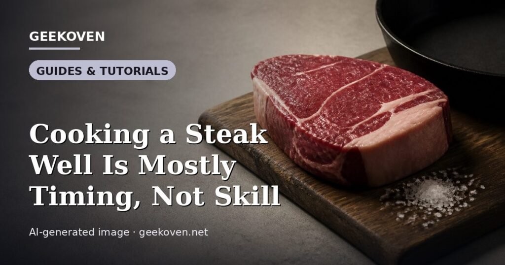 Illustration for the Guides & Tutorials article “Cooking a Steak Well Is Mostly Timing, Not Skill”: an AI-generated editorial illustration showing a scene illustrating the subject of the article, with the headline set over it. Illustrative only, not a photograph of a real event.