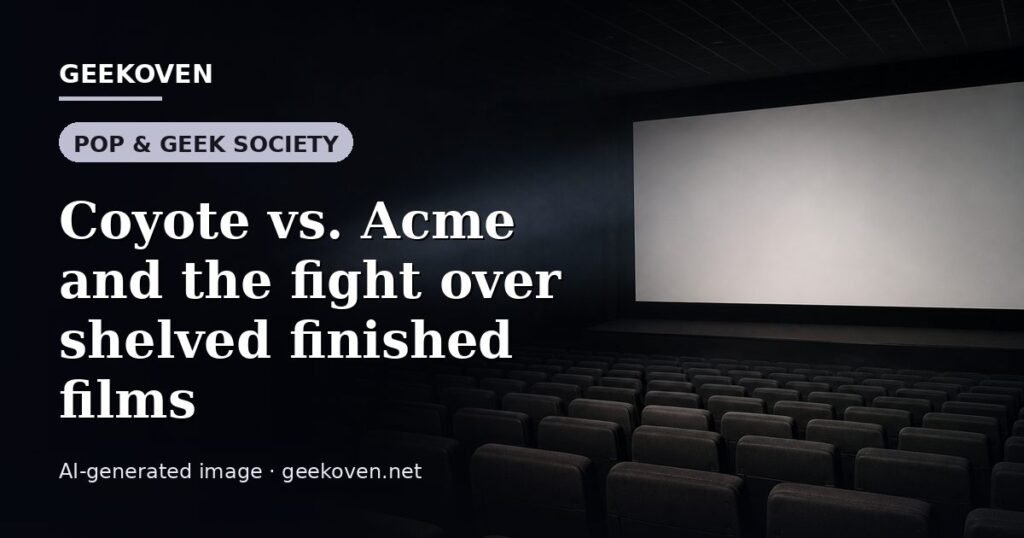 Illustration for the Pop & Geek Society article “Coyote vs. Acme and the fight over shelved finished films”: an AI-generated editorial illustration showing a scene illustrating the subject of the article, with the headline set over it. Illustrative only, not a photograph of a real event.