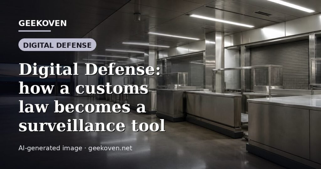 Illustration for the Digital Defense article “Digital Defense: how a customs law becomes a surveillance tool”: an AI-generated editorial illustration showing a scene illustrating the subject of the article, with the headline set over it. Illustrative only, not a photograph of a real event.