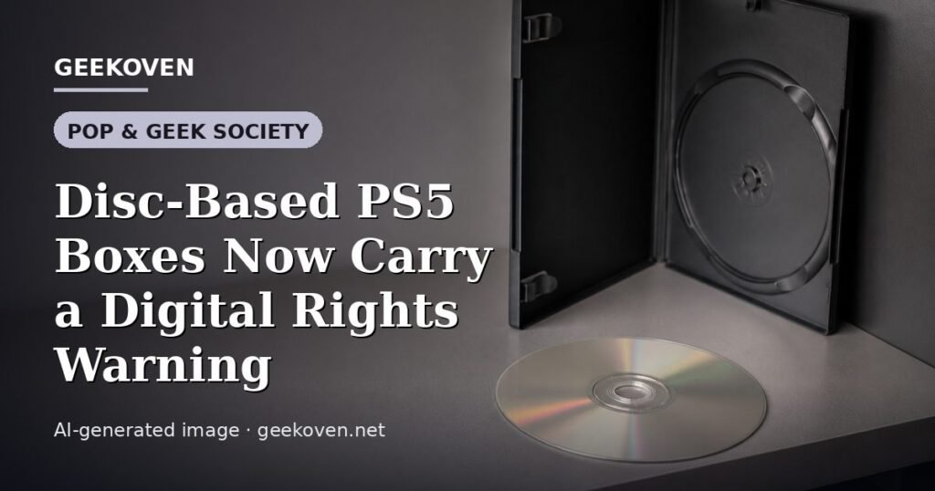 Illustration for the Pop & Geek Society article “Disc-Based PS5 Boxes Now Carry a Digital Rights Warning”: an AI-generated editorial illustration showing a scene illustrating the subject of the article, with the headline set over it. Illustrative only, not a photograph of a real event.