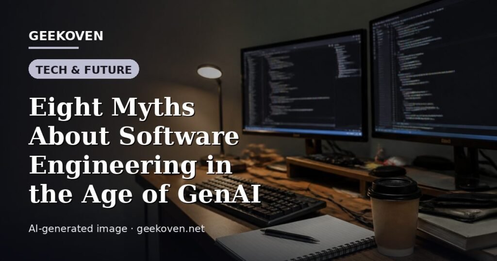 Illustration for the Tech & Future article “Eight Myths About Software Engineering in the Age of GenAI”: an AI-generated editorial illustration showing a scene illustrating the subject of the article, with the headline set over it. Illustrative only, not a photograph of a real event.