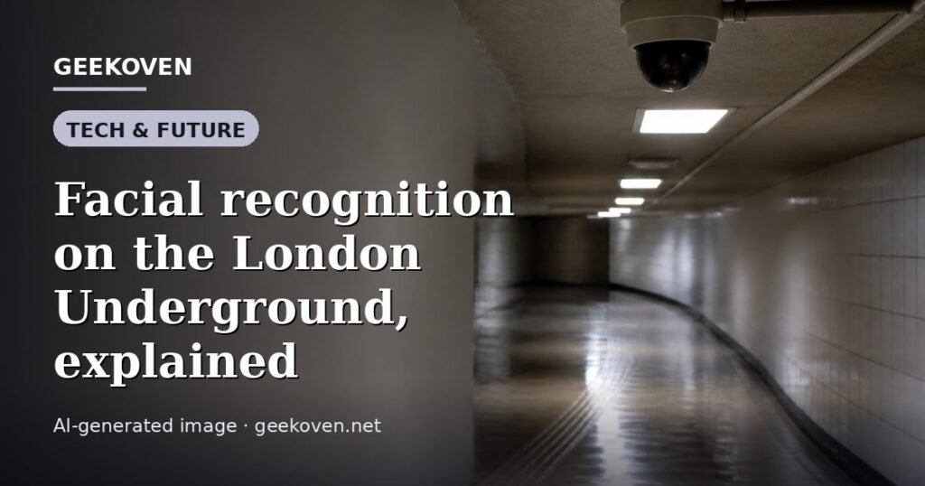 Illustration for the Tech & Future article “Facial recognition on the London Underground, explained”: an AI-generated editorial illustration showing a scene illustrating the subject of the article, with the headline set over it. Illustrative only, not a photograph of a real event.