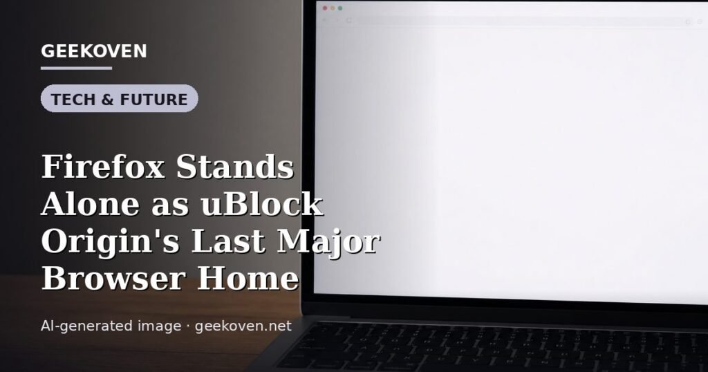 Illustration for the Tech & Future article “Firefox Stands Alone as uBlock Origin's Last Major Browser Home”: an AI-generated editorial illustration showing a scene illustrating the subject of the article, with the headline set over it. Illustrative only, not a photograph of a real event.