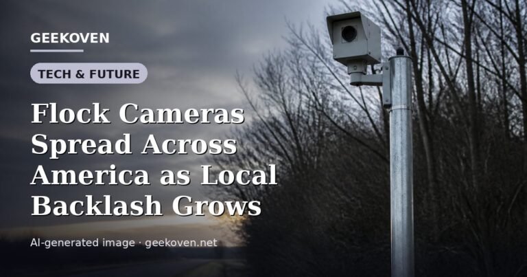 Illustration for the Tech & Future article “Flock Cameras Spread Across America as Local Backlash Grows”: an AI-generated editorial illustration showing a scene illustrating the subject of the article, with the headline set over it. Illustrative only, not a photograph of a real event.