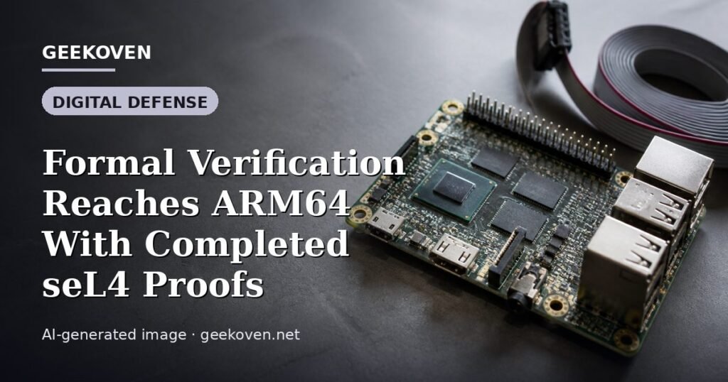 Illustration for the Digital Defense article “Formal Verification Reaches ARM64 With Completed seL4 Proofs”: an AI-generated editorial illustration showing a scene illustrating the subject of the article, with the headline set over it. Illustrative only, not a photograph of a real event.