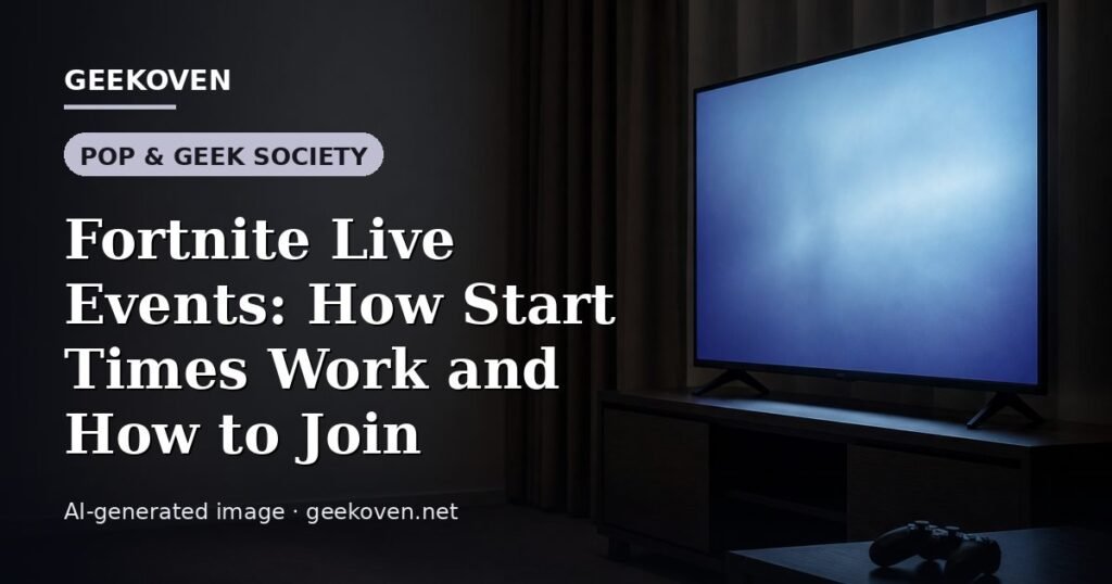 Illustration for the Pop & Geek Society article “Fortnite Live Events: How Start Times Work and How to Join”: an AI-generated editorial illustration showing a scene illustrating the subject of the article, with the headline set over it. Illustrative only, not a photograph of a real event.