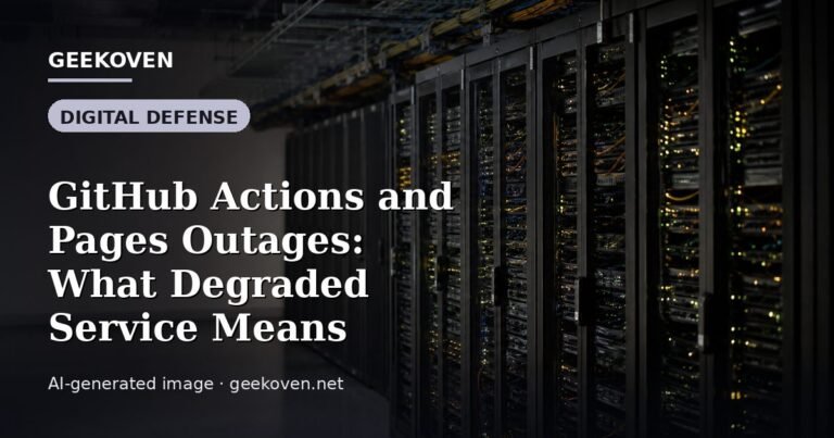 Illustration for the Digital Defense article “GitHub Actions and Pages Outages: What Degraded Service Means”: an AI-generated editorial illustration showing a scene illustrating the subject of the article, with the headline set over it. Illustrative only, not a photograph of a real event.