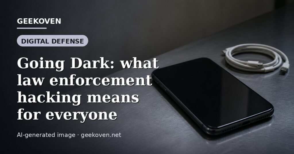 Illustration for the Digital Defense article “Going Dark: what law enforcement hacking means for everyone”: an AI-generated editorial illustration showing a scene illustrating the subject of the article, with the headline set over it. Illustrative only, not a photograph of a real event.