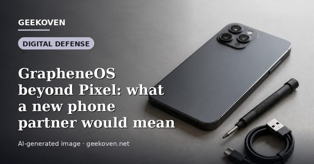 Illustration for the Digital Defense article “GrapheneOS beyond Pixel: what a new phone partner would mean”: an AI-generated editorial illustration showing an electronics workbench with an unbranded phone chassis opened up and its parts laid out, with the headline set over it. Illustrative only, not a photograph of a real event.