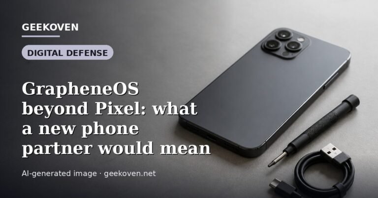 Illustration for the Digital Defense article “GrapheneOS beyond Pixel: what a new phone partner would mean”: an AI-generated editorial illustration showing an electronics workbench with an unbranded phone chassis opened up and its parts laid out, with the headline set over it. Illustrative only, not a photograph of a real event.