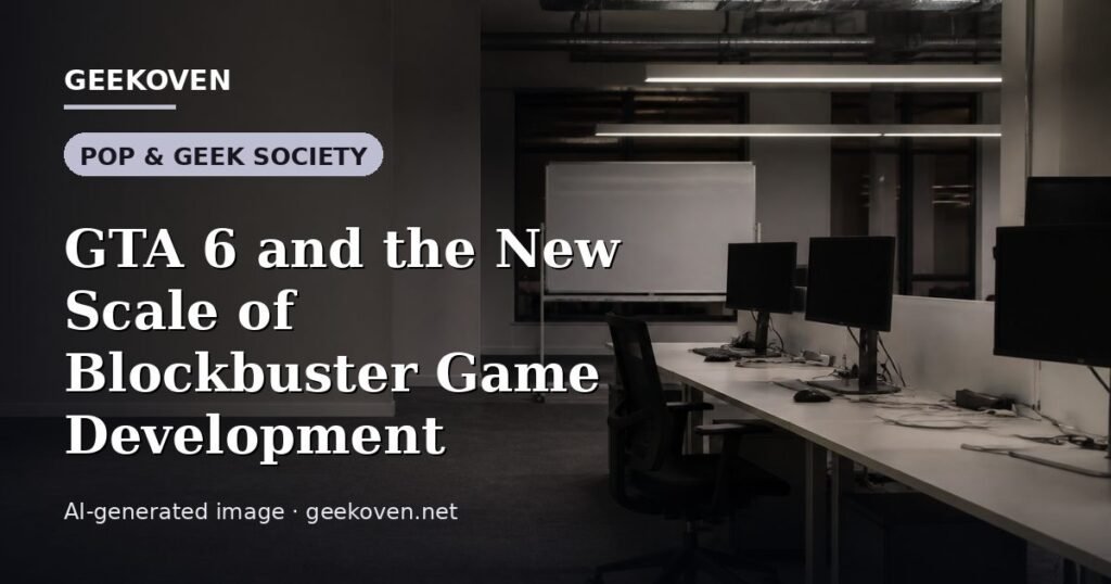 Illustration for the Pop & Geek Society article “GTA 6 and the New Scale of Blockbuster Game Development”: an AI-generated editorial illustration showing a studio workspace seen from above, with a production timeline across the wall, with the headline set over it. Illustrative only, not a photograph of a real event.