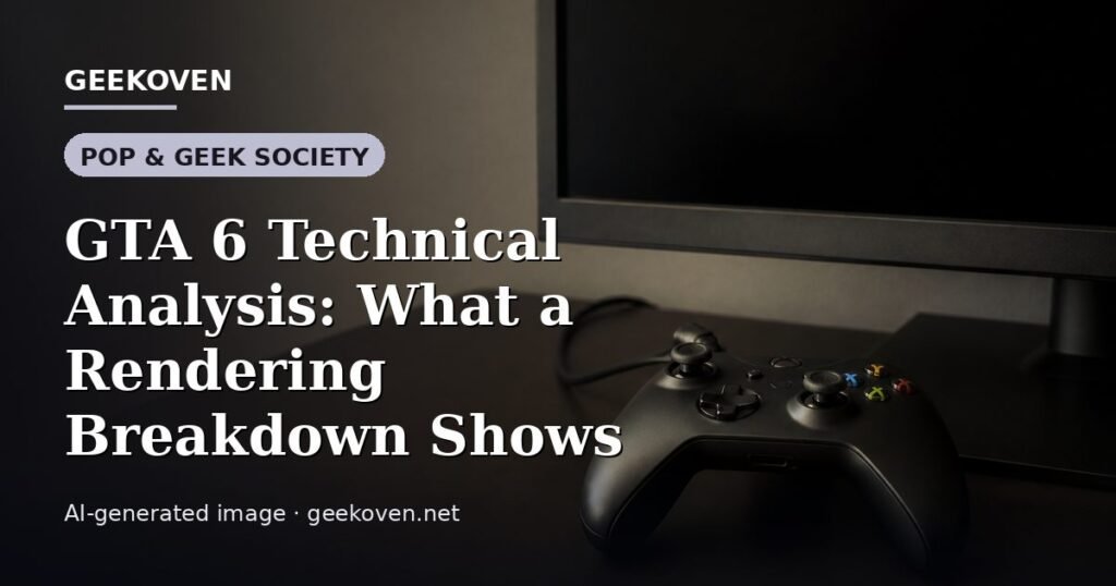 Illustration for the Pop & Geek Society article “GTA 6 Technical Analysis: What a Rendering Breakdown Shows”: an AI-generated editorial illustration showing a scene illustrating the subject of the article, with the headline set over it. Illustrative only, not a photograph of a real event.