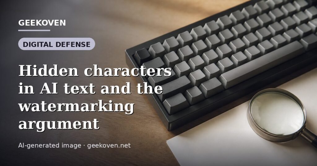 Illustration for the Digital Defense article “Hidden characters in AI text and the watermarking argument”: an AI-generated editorial illustration showing a scene illustrating the subject of the article, with the headline set over it. Illustrative only, not a photograph of a real event.