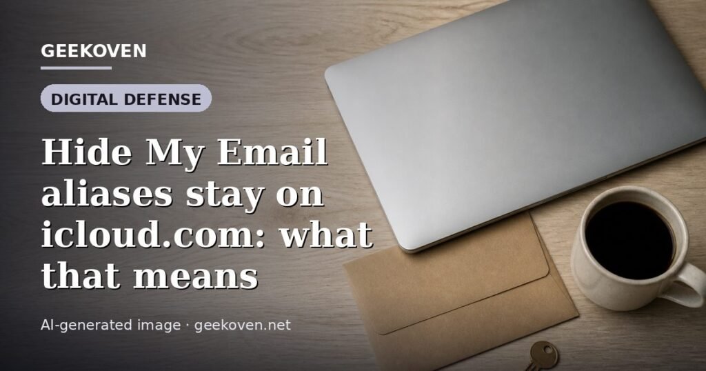 Illustration for the Digital Defense article “Hide My Email aliases stay on icloud.com: what that means”: an AI-generated editorial illustration showing a scene illustrating the subject of the article, with the headline set over it. Illustrative only, not a photograph of a real event.