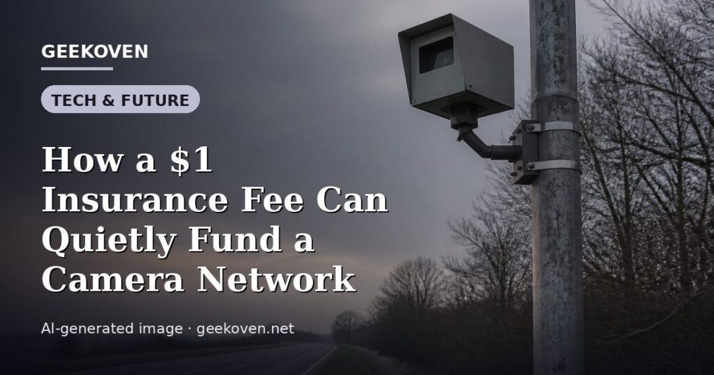 Illustration for the Tech & Future article “How a $1 Insurance Fee Can Quietly Fund a Camera Network”: an AI-generated editorial illustration showing a scene illustrating the subject of the article, with the headline set over it. Illustrative only, not a photograph of a real event.
