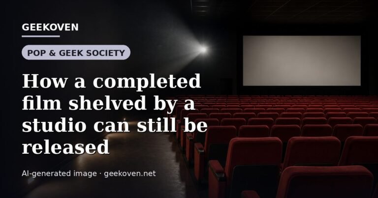 Illustration for the Pop & Geek Society article “How a completed film shelved by a studio can still be released”: an AI-generated editorial illustration showing a scene illustrating the subject of the article, with the headline set over it. Illustrative only, not a photograph of a real event.