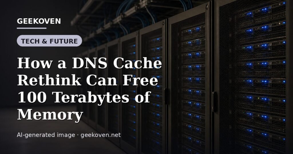 Illustration for the Tech & Future article “How a DNS Cache Rethink Can Free 100 Terabytes of Memory”: an AI-generated editorial illustration showing a scene illustrating the subject of the article, with the headline set over it. Illustrative only, not a photograph of a real event.