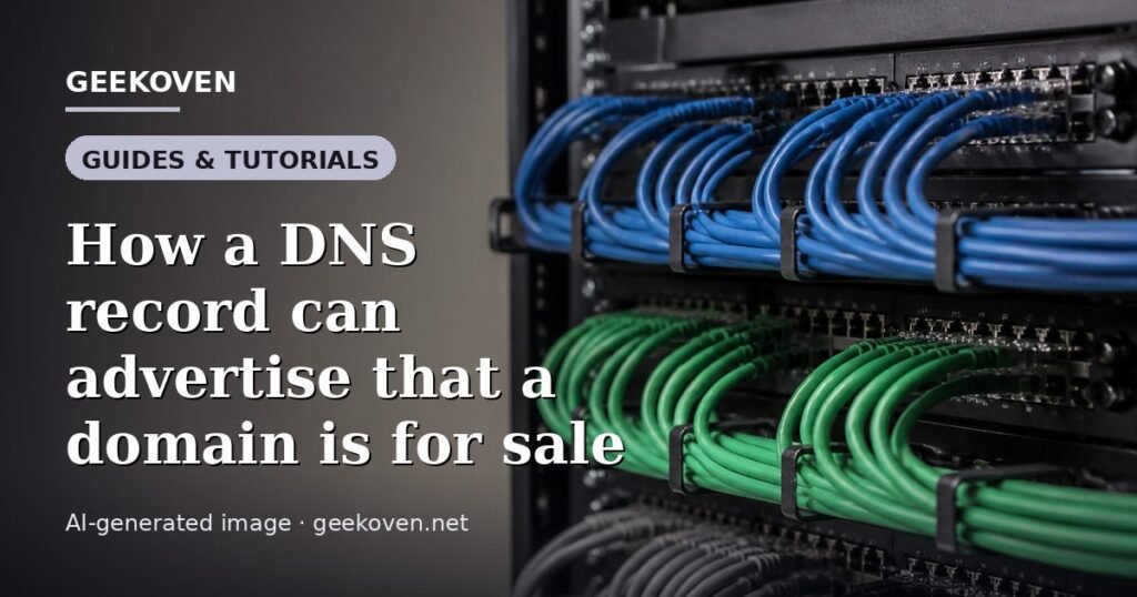 Illustration for the Guides & Tutorials article “How a DNS record can advertise that a domain is for sale”: an AI-generated editorial illustration showing a scene illustrating the subject of the article, with the headline set over it. Illustrative only, not a photograph of a real event.