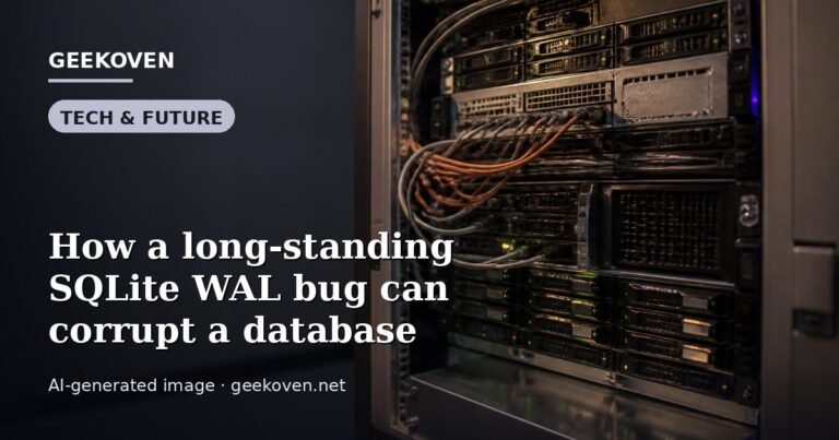 Illustration for the Tech & Future article “How a long-standing SQLite WAL bug can corrupt a database”: an AI-generated editorial illustration showing a scene illustrating the subject of the article, with the headline set over it. Illustrative only, not a photograph of a real event.