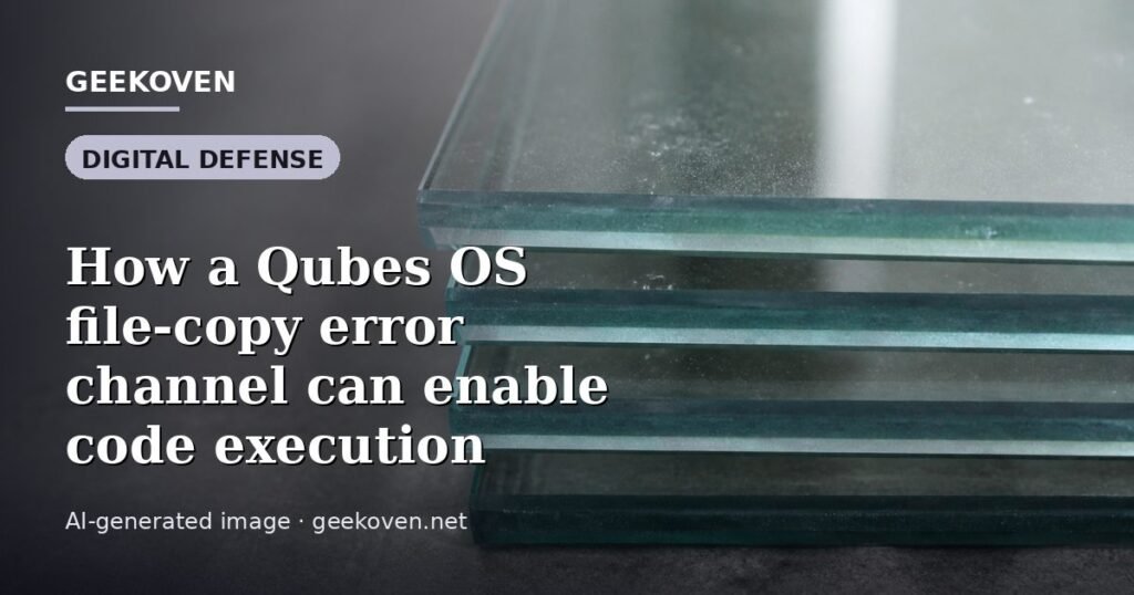 Illustration for the Digital Defense article “How a Qubes OS file-copy error channel can enable code execution”: an AI-generated editorial illustration showing a scene illustrating the subject of the article, with the headline set over it. Illustrative only, not a photograph of a real event.