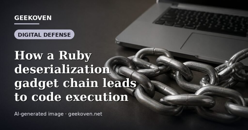 Illustration for the Digital Defense article “How a Ruby deserialization gadget chain leads to code execution”: an AI-generated editorial illustration showing a scene illustrating the subject of the article, with the headline set over it. Illustrative only, not a photograph of a real event.