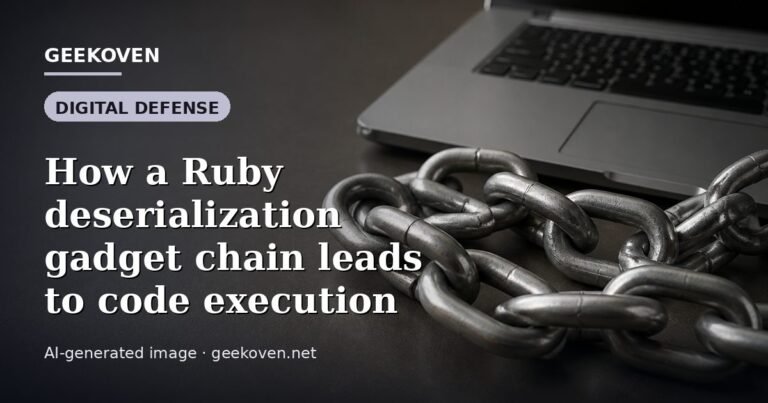 Illustration for the Digital Defense article “How a Ruby deserialization gadget chain leads to code execution”: an AI-generated editorial illustration showing a scene illustrating the subject of the article, with the headline set over it. Illustrative only, not a photograph of a real event.