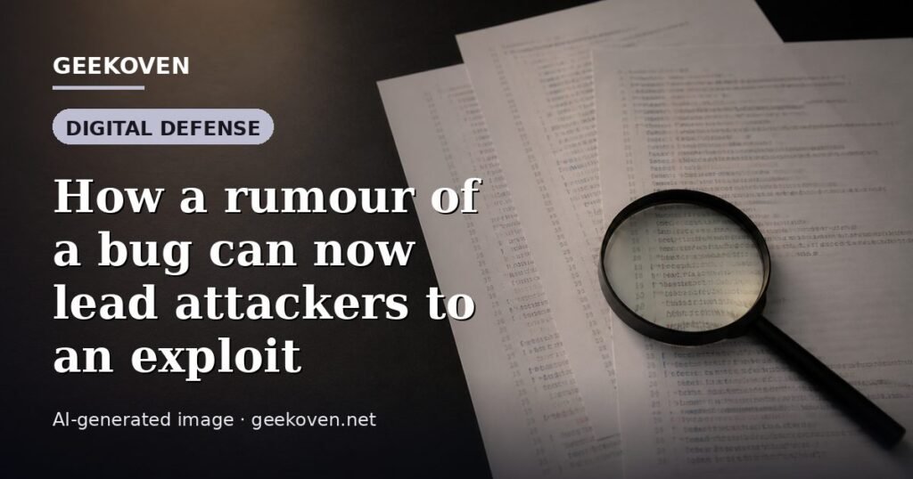 Illustration for the Digital Defense article “How a rumour of a bug can now lead attackers to an exploit”: an AI-generated editorial illustration showing a scene illustrating the subject of the article, with the headline set over it. Illustrative only, not a photograph of a real event.