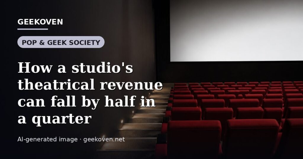 Illustration for the Pop & Geek Society article “How a studio's theatrical revenue can fall by half in a quarter”: an AI-generated editorial illustration showing a scene illustrating the subject of the article, with the headline set over it. Illustrative only, not a photograph of a real event.