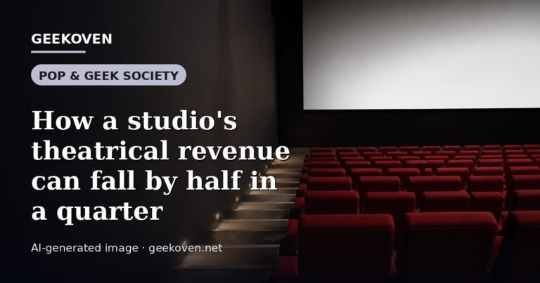 Illustration for the Pop & Geek Society article “How a studio's theatrical revenue can fall by half in a quarter”: an AI-generated editorial illustration showing a scene illustrating the subject of the article, with the headline set over it. Illustrative only, not a photograph of a real event.