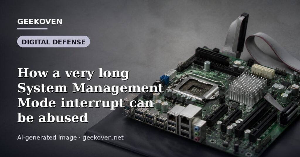 Illustration for the Digital Defense article “How a very long System Management Mode interrupt can be abused”: an AI-generated editorial illustration showing a scene illustrating the subject of the article, with the headline set over it. Illustrative only, not a photograph of a real event.