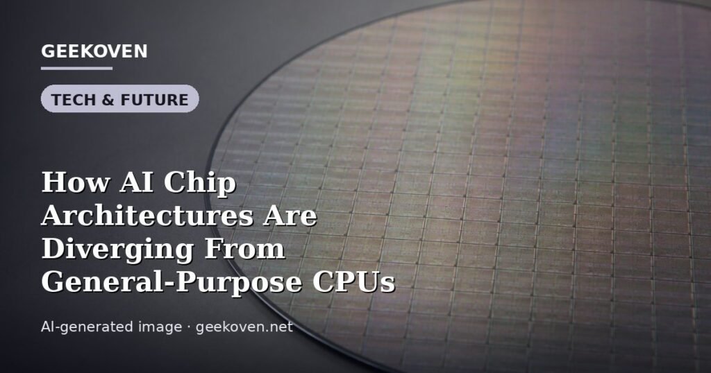 Illustration for the Tech & Future article “How AI Chip Architectures Are Diverging From General-Purpose CPUs”: an AI-generated editorial illustration showing a scene illustrating the subject of the article, with the headline set over it. Illustrative only, not a photograph of a real event.