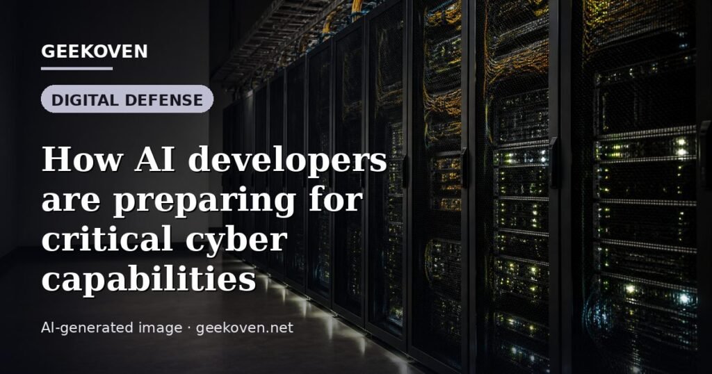 Illustration for the Digital Defense article “How AI developers are preparing for critical cyber capabilities”: an AI-generated editorial illustration showing a scene illustrating the subject of the article, with the headline set over it. Illustrative only, not a photograph of a real event.