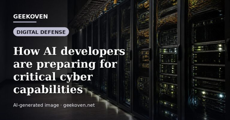 Illustration for the Digital Defense article “How AI developers are preparing for critical cyber capabilities”: an AI-generated editorial illustration showing a scene illustrating the subject of the article, with the headline set over it. Illustrative only, not a photograph of a real event.
