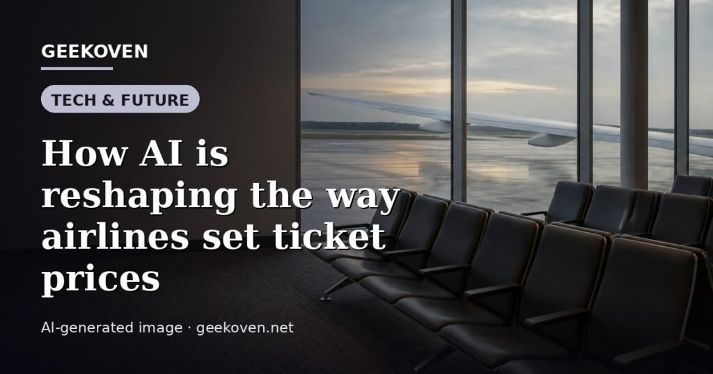 Illustration for the Tech & Future article “How AI is reshaping the way airlines set ticket prices”: an AI-generated editorial illustration showing a scene illustrating the subject of the article, with the headline set over it. Illustrative only, not a photograph of a real event.